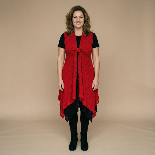 Vest lang mouwloos mesh met stippenmotief rood – Boris Industries